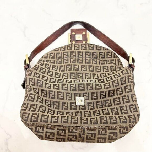 Authentic FENDI Mamma Zucca Zucchino Bucket Baguette Tan Gold Flap Bag Purse - Picture 11 of 15